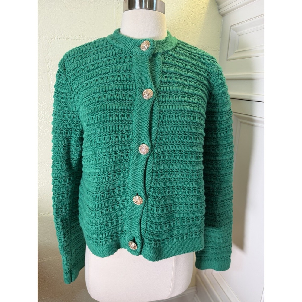 LOFT Petites Large Green Textured Cable Knit‎ Cardigan Sweater W/Gold Buttons